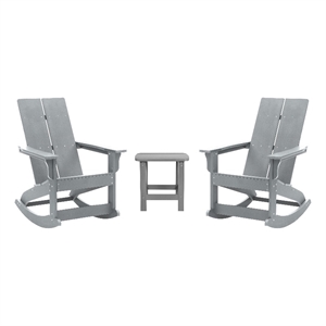 2 Gray Modern Dual Slat Poly Resin Adirondack Rocking Chairs with 1 Side Table