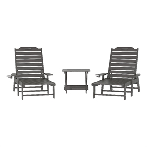 3pc Commercial Indoor/Outdoor Adirondack Set with 2 Loungers Side Table - Gray
