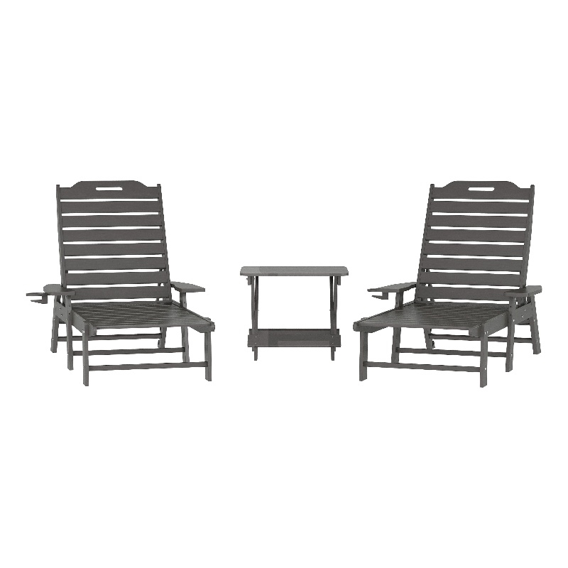 3pc Commercial Indoor/Outdoor Adirondack Set with 2 Loungers Side Table - Gray