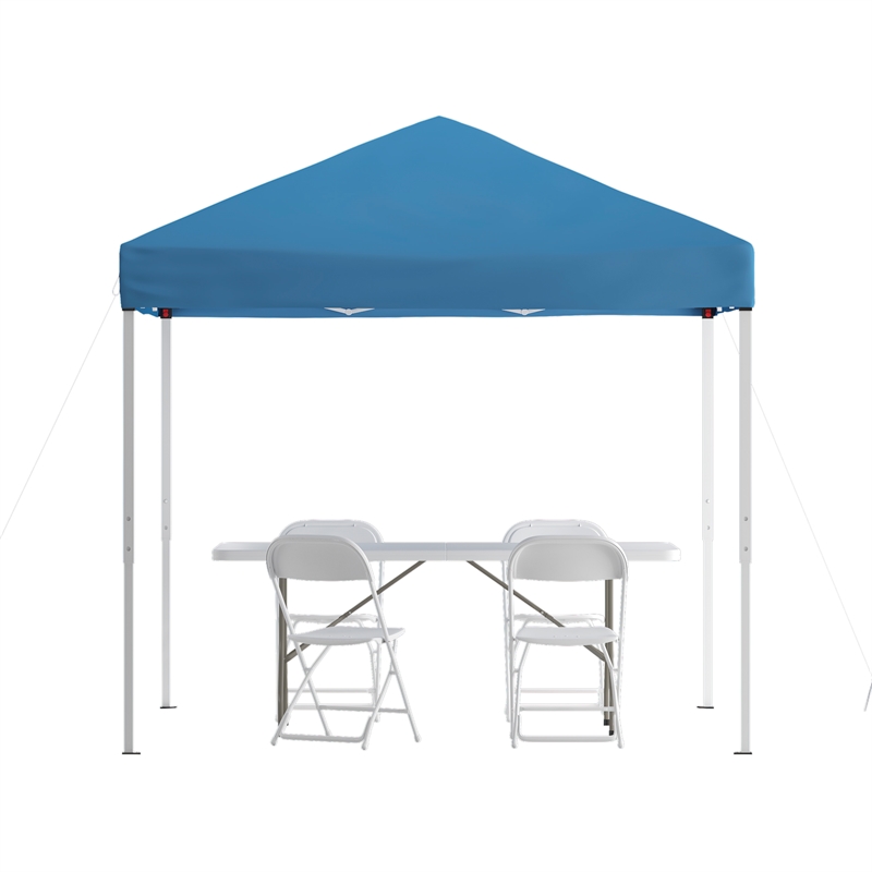 8' x 8' Blue Pop Up Canopy Folding Table and 4 White Folding Chairs Bundle