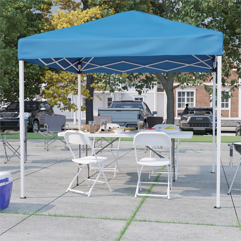 8' x 8' Blue Pop Up Canopy Folding Table and 4 White Folding Chairs Bundle