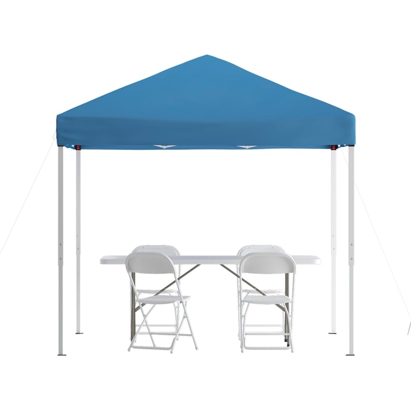 8' x 8' Blue Pop Up Canopy Folding Table and 4 White Folding Chairs Bundle