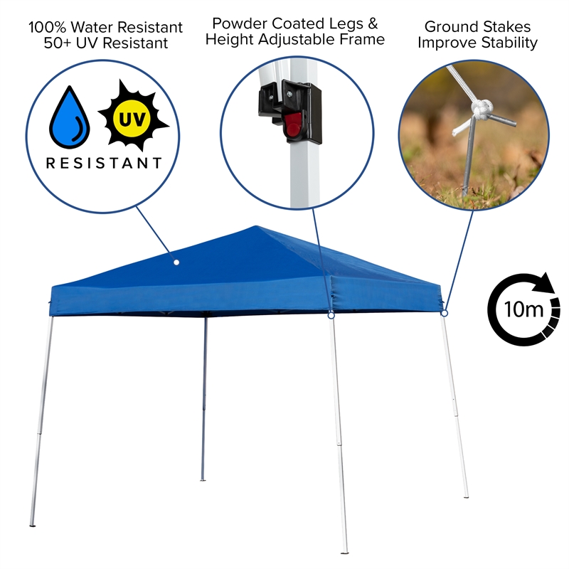 8' x 8' Blue Pop Up Canopy Folding Table and 4 White Folding Chairs Bundle