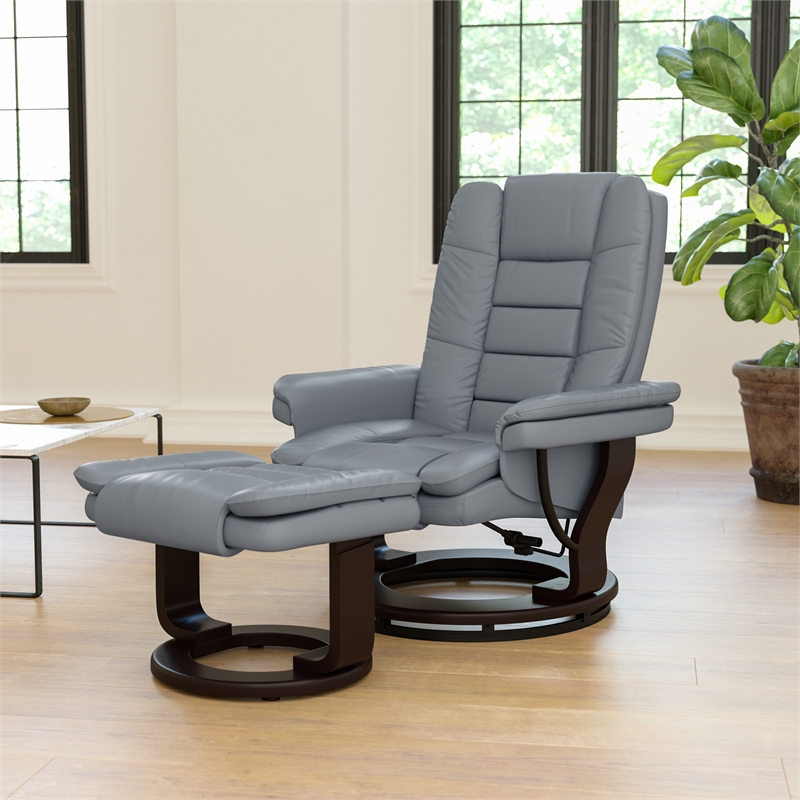Gray LeatherSoft Multi-Position Recliner &Ottoman w/Swivel Mahogany Wood Base