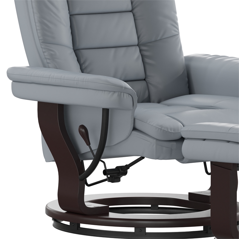 Gray LeatherSoft Multi-Position Recliner &Ottoman w/Swivel Mahogany Wood Base