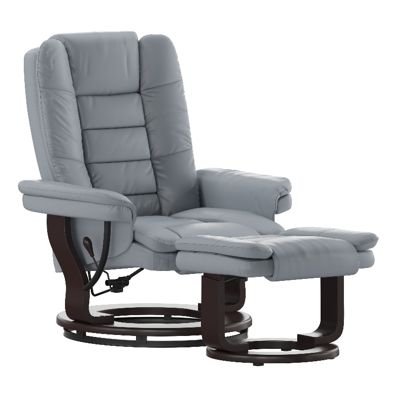 Gray LeatherSoft Multi-Position Recliner &Ottoman w/Swivel Mahogany Wood Base