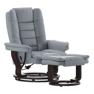 Gray LeatherSoft Multi-Position Recliner &Ottoman w/Swivel Mahogany Wood Base