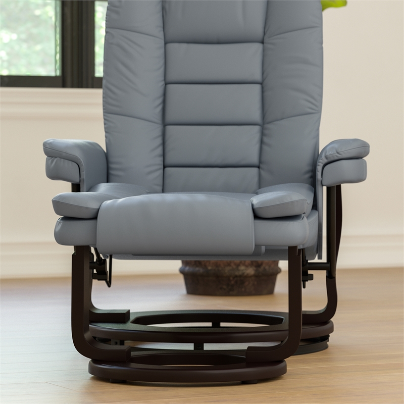 Gray LeatherSoft Multi-Position Recliner &Ottoman w/Swivel Mahogany Wood Base