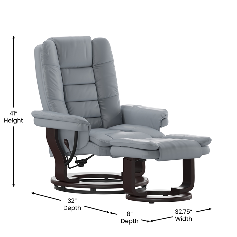Gray LeatherSoft Multi-Position Recliner &Ottoman w/Swivel Mahogany Wood Base
