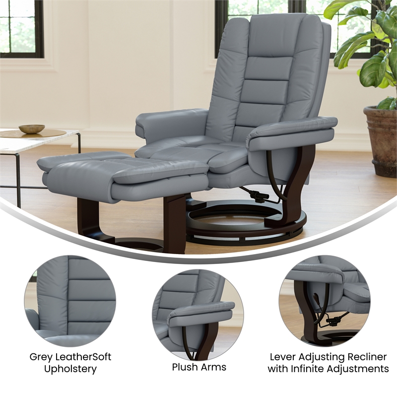 Gray LeatherSoft Multi-Position Recliner &Ottoman w/Swivel Mahogany Wood Base