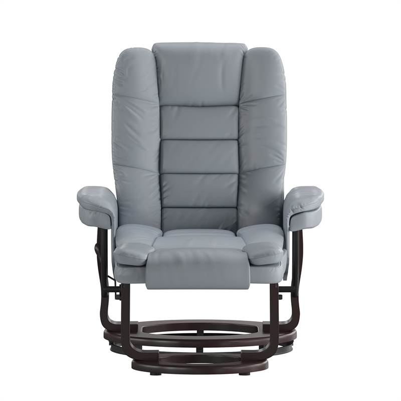 Gray LeatherSoft Multi-Position Recliner &Ottoman w/Swivel Mahogany Wood Base