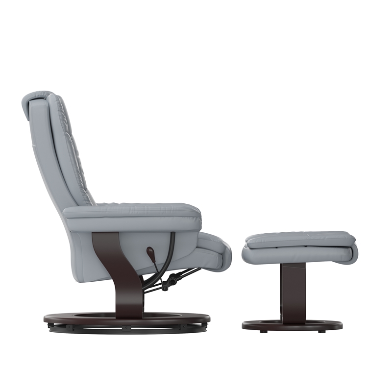 Gray LeatherSoft Multi-Position Recliner &Ottoman w/Swivel Mahogany Wood Base