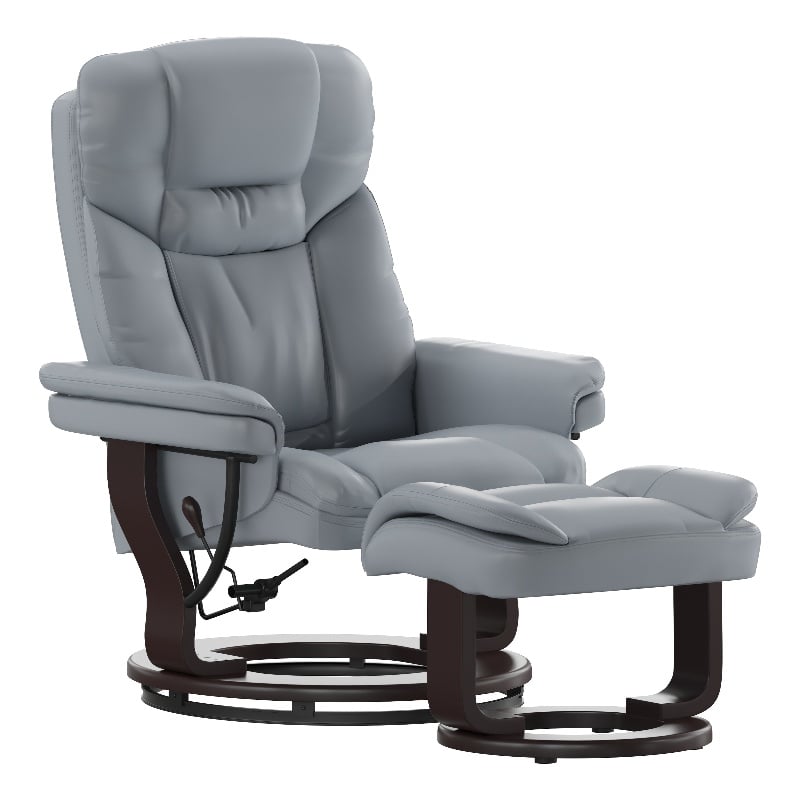 Gray LeatherSoft Multi-Position Recliner &Curved Ottoman w/Mahogany Wood Base