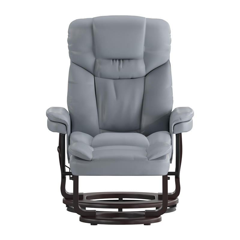 Gray LeatherSoft Multi-Position Recliner &Curved Ottoman w/Mahogany Wood Base