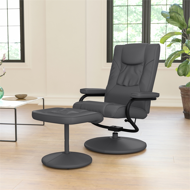 Contemporary Gray LeatherSoft Multi-Position Recliner &Ottoman w/ Wrapped Base