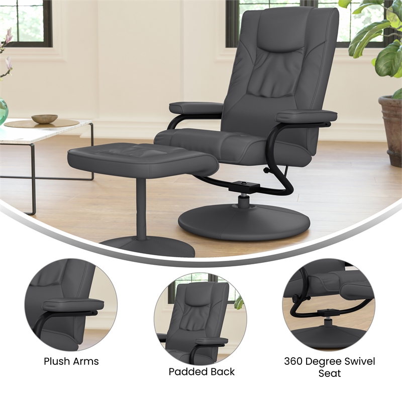 Contemporary Gray LeatherSoft Multi-Position Recliner &Ottoman w/ Wrapped Base