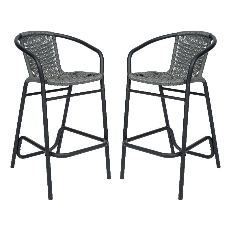 Commercial Indoor-Outdoor Rattan Restaurant Barstool Gray/Black-Set of 2