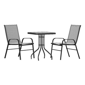 3 Piece Patio Dining Set - 23.5&quot Square Glass Table 2 Gray Flex Stack Chairs