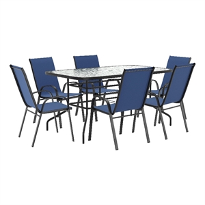 7 Piece Patio Dining Set - 55&quot Glass Patio Table 6 Navy Flex Stack Chairs
