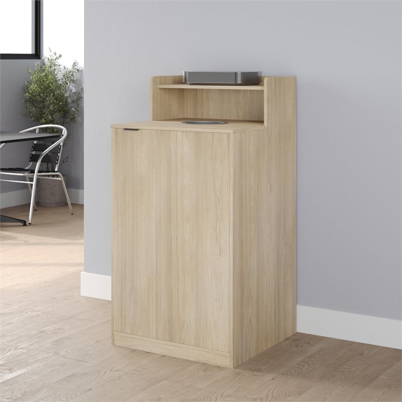 Commercial Grade 32 Gallon Wood Tray Top Trash Enclosure with Drop Hole-Oak