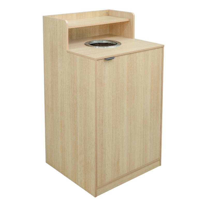 Commercial Grade 32 Gallon Wood Tray Top Trash Enclosure with Drop Hole-Oak