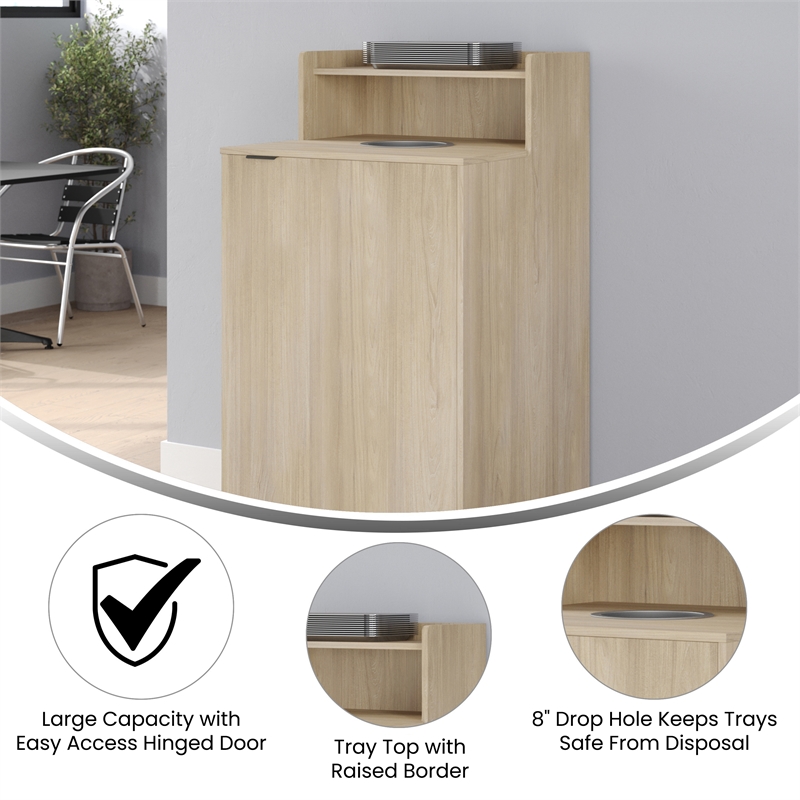Commercial Grade 32 Gallon Wood Tray Top Trash Enclosure with Drop Hole-Oak