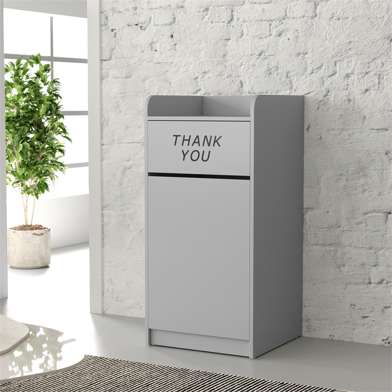 Wood Tray Top Receptacle in Gray - Commercial Grade Push Door Trash Can