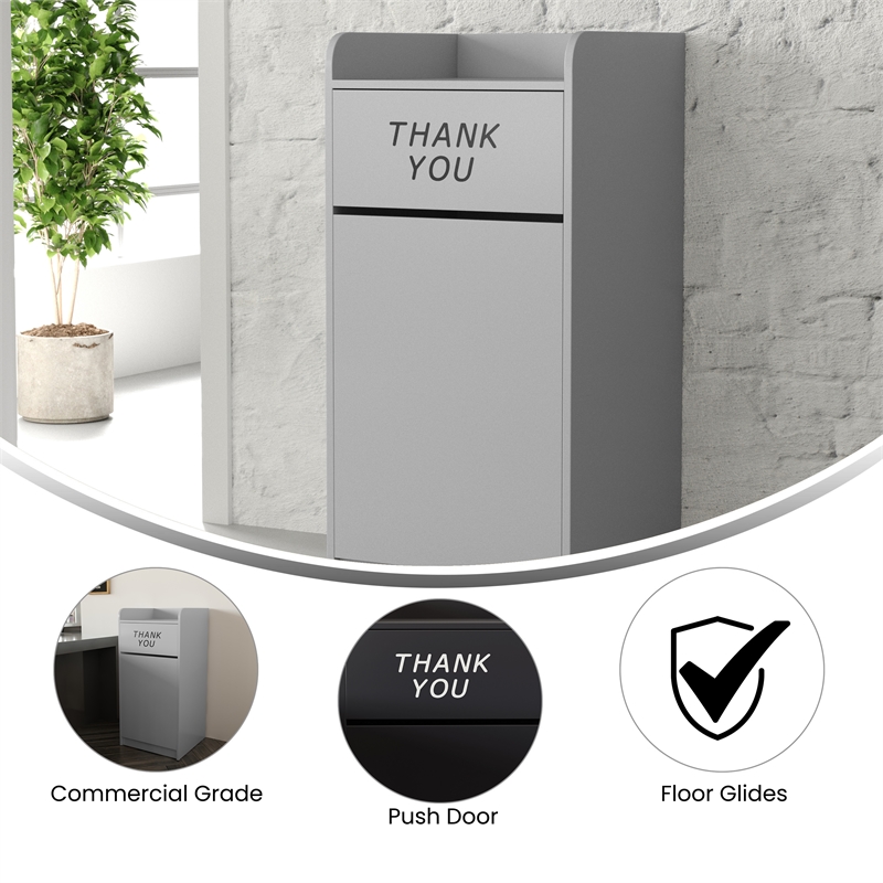 Wood Tray Top Receptacle in Gray - Commercial Grade Push Door Trash Can