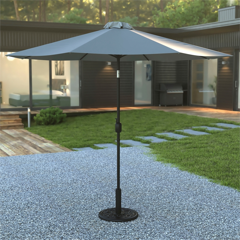Bundled Set - Gray 9 FT Round Umbrella & Universal Black Cement Waterproof Base