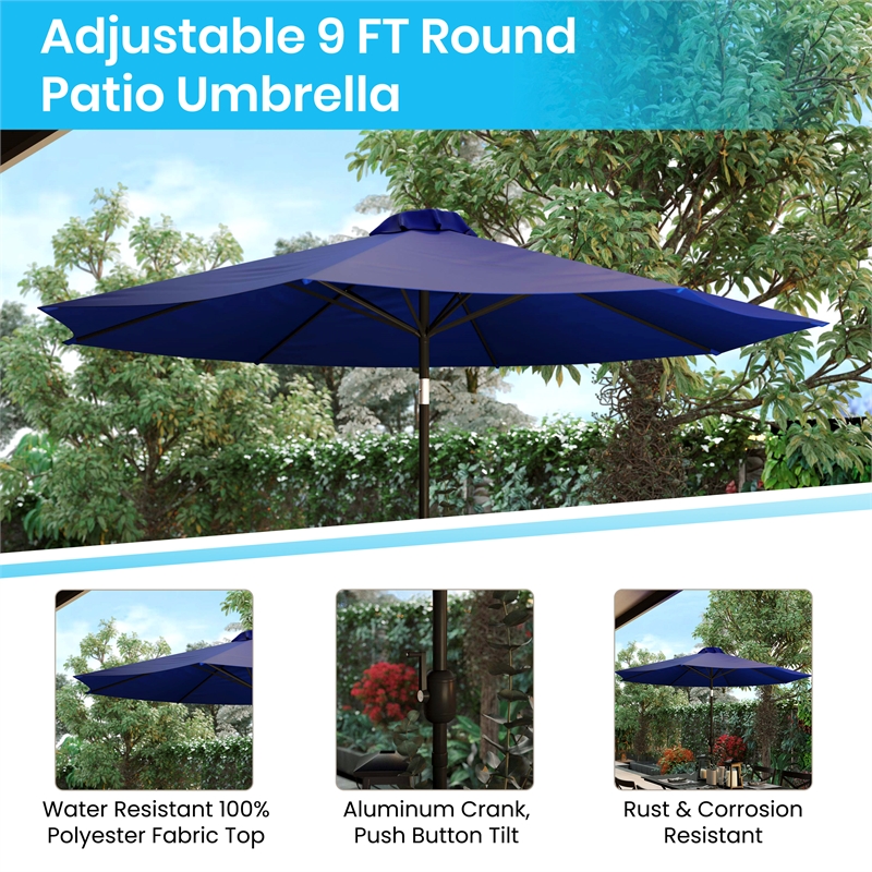 Bundled Set - Navy 9 FT Round Umbrella & Universal Black Cement Waterproof Base