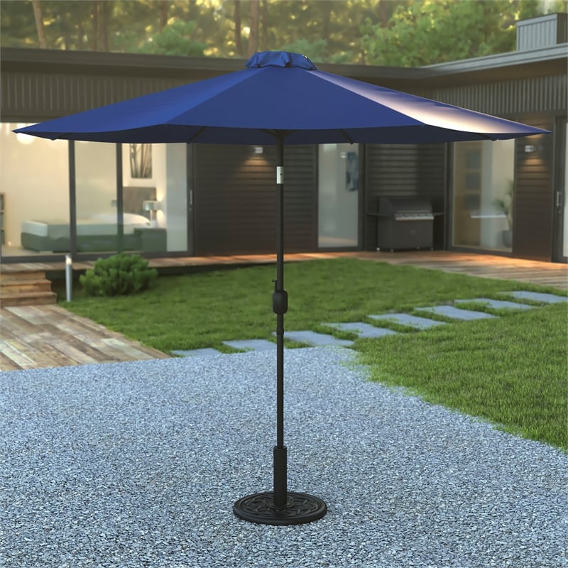 Bundled Set - Navy 9 FT Round Umbrella & Universal Black Cement Waterproof Base