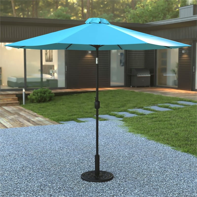 Bundled Set - Teal 9 FT Round Umbrella & Universal Black Cement Waterproof Base
