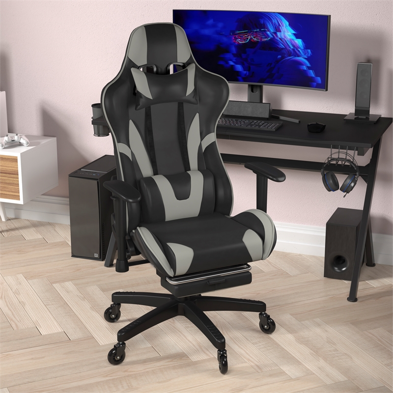 Gaming Chair with Roller Wheels Reclining Arms Footrest-Gray LeatherSoft