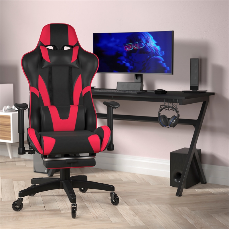 Gaming Chair with Roller Wheels Reclining Arms Footrest-Red LeatherSoft