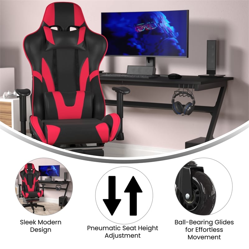 Gaming Chair with Roller Wheels Reclining Arms Footrest-Red LeatherSoft