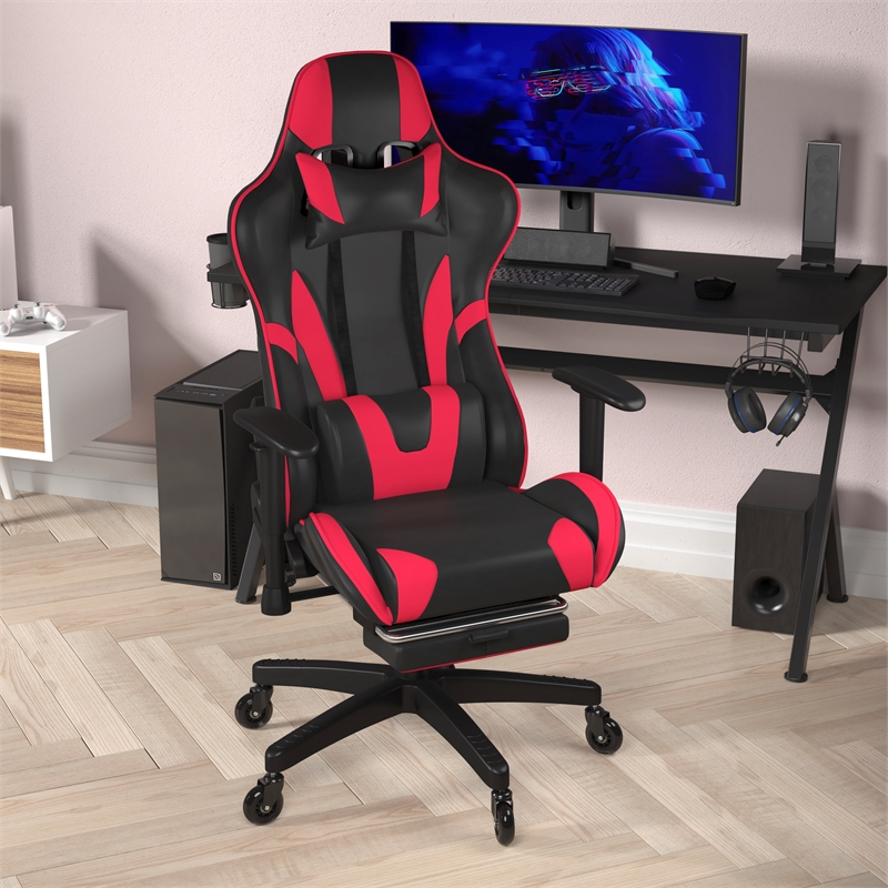 Gaming Chair with Roller Wheels Reclining Arms Footrest-Red LeatherSoft