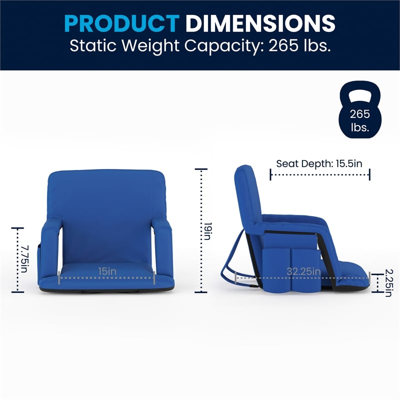 Backpack Reclining Padded Stadium Chairs with Armrests & Storge Pockets in Blue