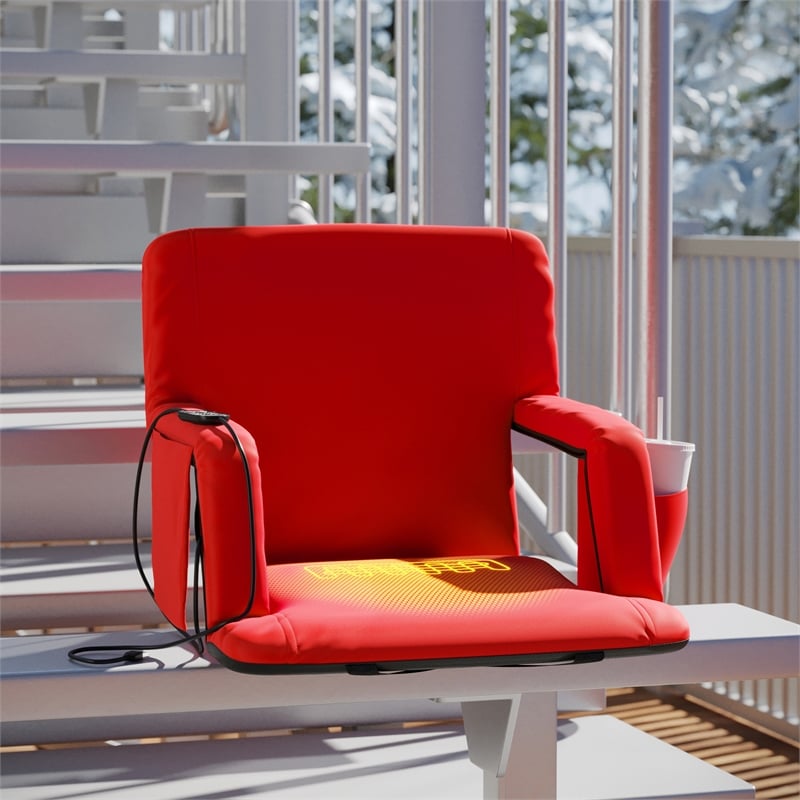 Foldable Reclining Stadium Chair with Backpack Straps and Heated Seat - Red