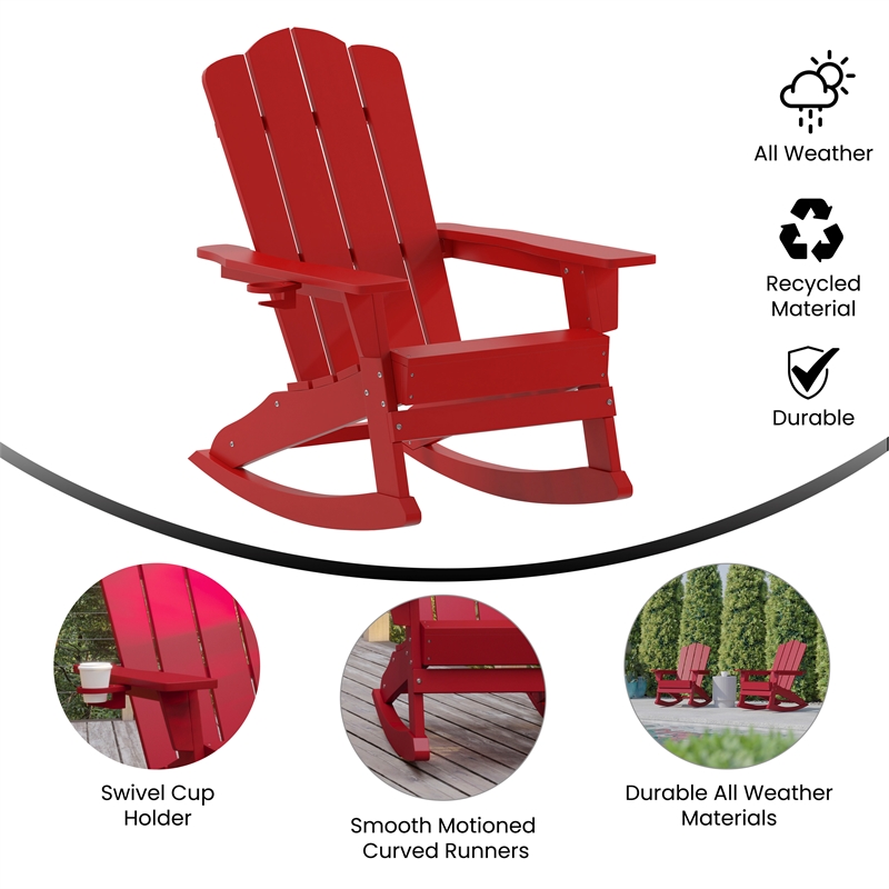 Commercial All-Weather Rocking Adirondack Chair with Swiveling Cupholder - Red