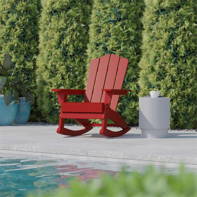 Commercial All-Weather Rocking Adirondack Chair with Swiveling Cupholder - Red