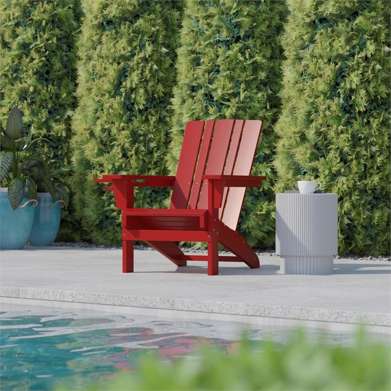 Commercial Grade All-Weather Adirondack Chair with Swiveling Cupholder - Red