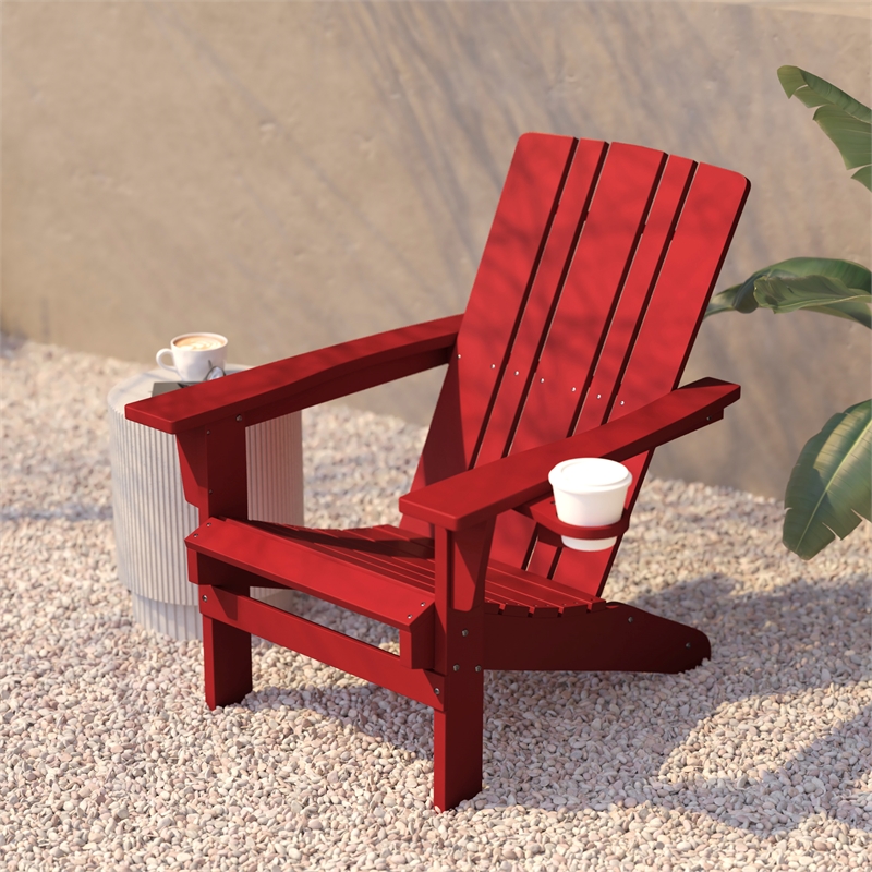 Commercial Grade All-Weather Adirondack Chair with Swiveling Cupholder - Red