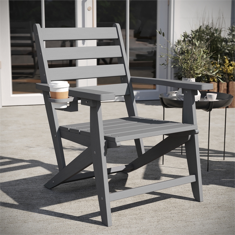 All-Weather Commercial Adirondack Dining Chair with Fold Out Cupholder - Gray