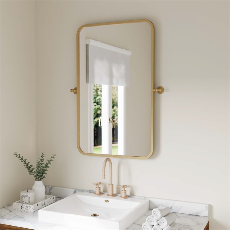 Metal Pivot Wall Mirror with Tilt Feature Slim Style Frame in Gold - 35