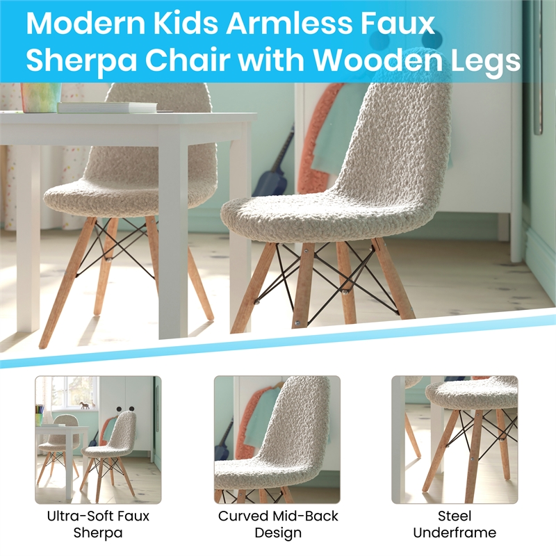 Kids Armless Off White Faux Shearling Chair with Beechwood Legs