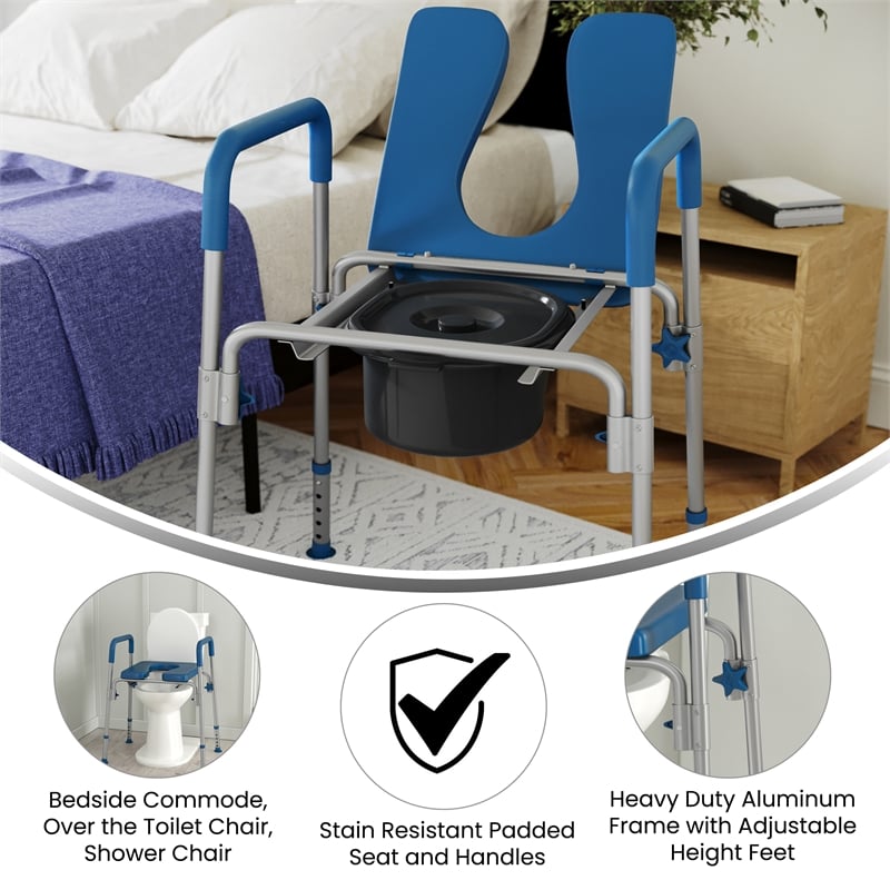 Height Adjustable Multifunctional Heavy Duty Commode and Shower Chair - Blue