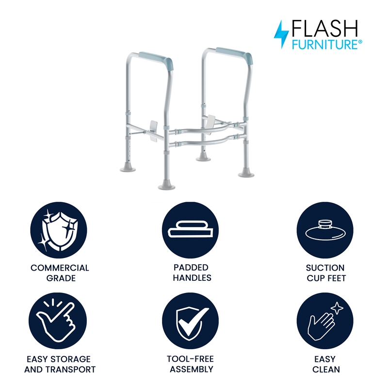 Adjustable Toilet Safety Rail with Padded Handles and Steel Frame-Silver/Gray