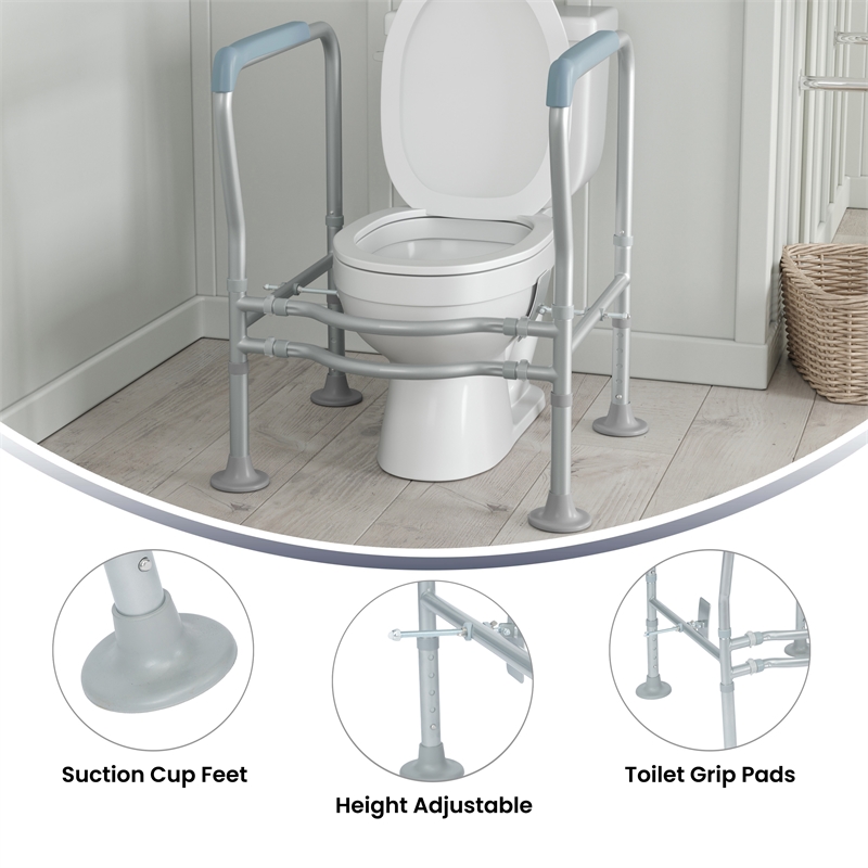Adjustable Toilet Safety Rail with Padded Handles and Steel Frame-Silver/Gray