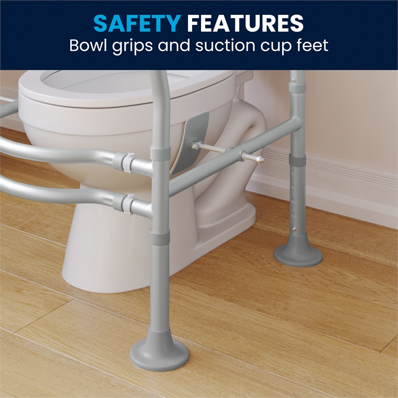 Adjustable Toilet Safety Rail with Padded Handles and Steel Frame-Silver/Gray