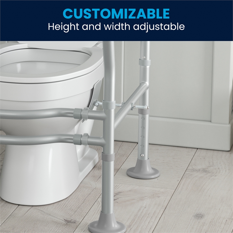 Adjustable Toilet Safety Rail with Padded Handles and Steel Frame-Silver/Gray